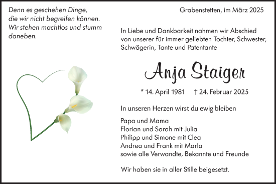 Traueranzeige von Anja Staiger von Alb-Bote/Metzinger-Uracher Volksblatt