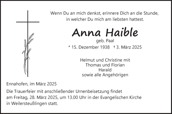 Traueranzeige von Anna Haible von Alb-Bote/SÜDWEST PRESSE Ausgabe Ulm/Neu-Ulm