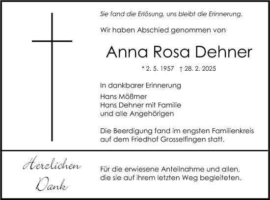 Traueranzeige von Anna Rosa Dehner von SÜDWEST PRESSE Zollernalbkreis/Hohenzollerische Zeitung