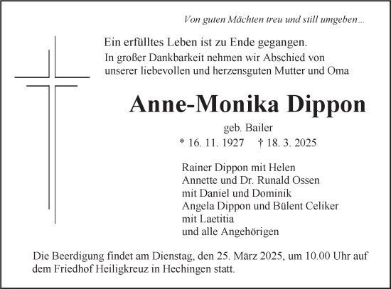 Traueranzeige von Anne-Monika Dippon von SÜDWEST PRESSE Zollernalbkreis/Hohenzollerische Zeitung
