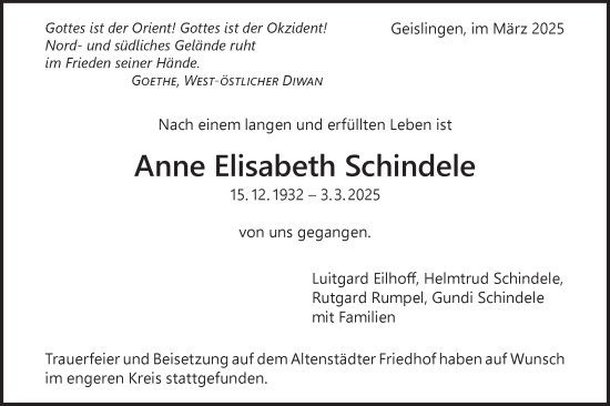 Traueranzeige von Anne Elisabeth Schindele von Geislinger Zeitung