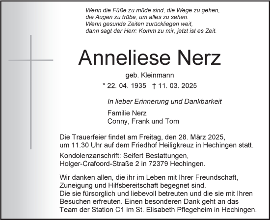 Traueranzeige von Anneliese Nerz von SÜDWEST PRESSE Zollernalbkreis/Hohenzollerische Zeitung