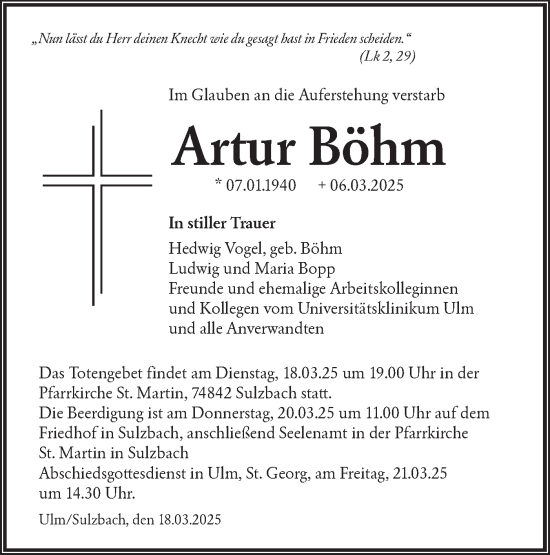 Traueranzeige von Artur Böhm von SÜDWEST PRESSE Ausgabe Ulm/Neu-Ulm