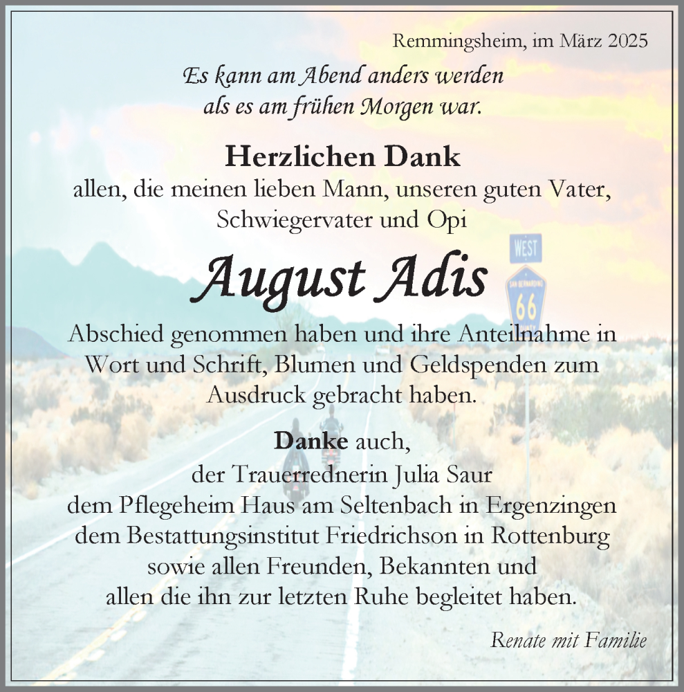 Traueranzeige für August Adis vom 22.03.2025 aus Schwäbische Tagblatt