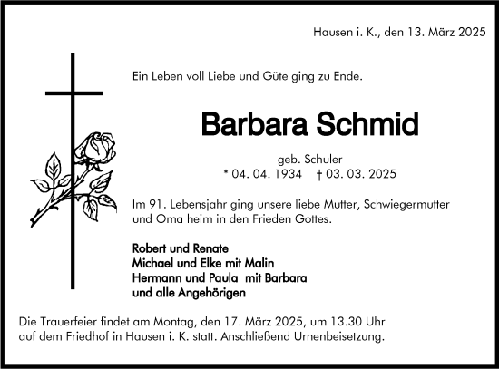 Traueranzeige von Barbara Schmid von SÜDWEST PRESSE Zollernalbkreis/Hohenzollerische Zeitung