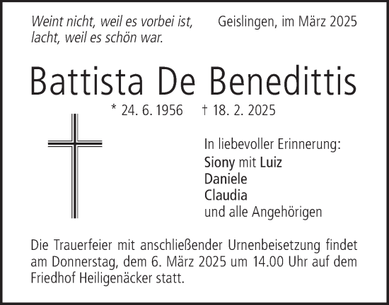 Traueranzeige von Battista De Benedittis von Geislinger Zeitung
