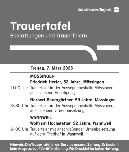 Traueranzeige von Bestattungen vom 07.03.2025 von Schwäbische Tagblatt