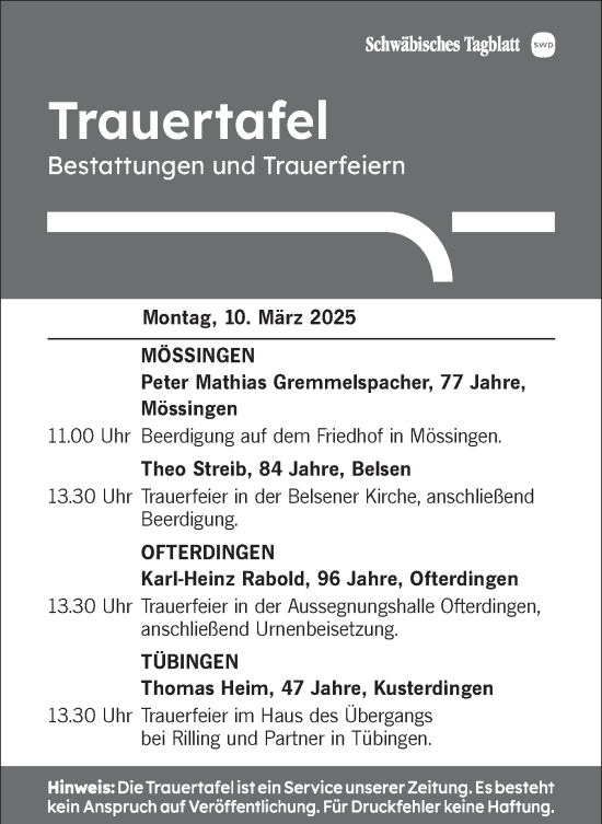Traueranzeige von Bestattungen vom 10.03.2025 von Schwäbische Tagblatt