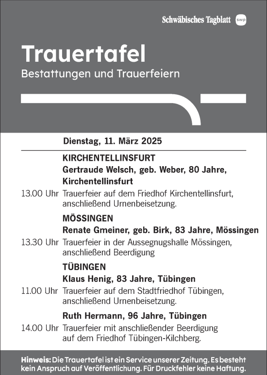 Traueranzeige von Bestattungen vom 11.03.2025 von Schwäbische Tagblatt