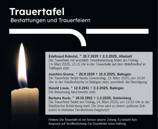 Traueranzeige von Bestattungen vom 13.03.2025 von SÜDWEST PRESSE Zollernalbkreis/Hohenzollerische Zeitung