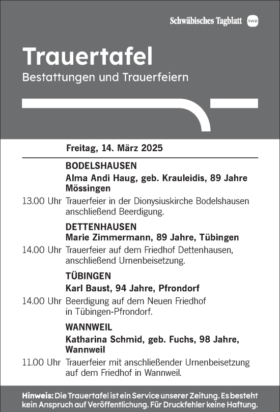 Traueranzeige von Bestattungen vom 14.03.2025 von Schwäbische Tagblatt