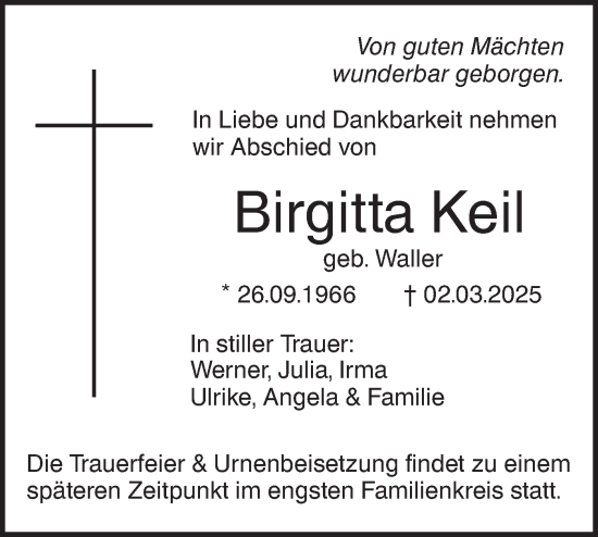Traueranzeige von Birgitta Keil von SÜDWEST PRESSE Ausgabe Ulm/Neu-Ulm