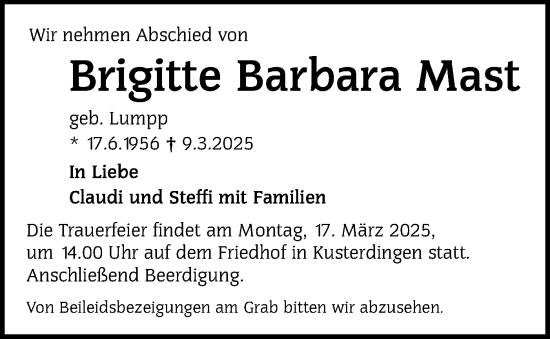 Traueranzeige von Brigitte Barbara Mast von Schwäbische Tagblatt
