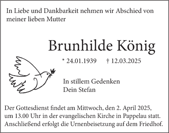 Traueranzeige von Brunhilde König von SÜDWEST PRESSE Ausgabe Ulm/Neu-Ulm