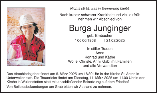 Traueranzeige von Burga Junginger von SÜDWEST PRESSE Ausgabe Ulm/Neu-Ulm/Neu-Ulmer Zeitung