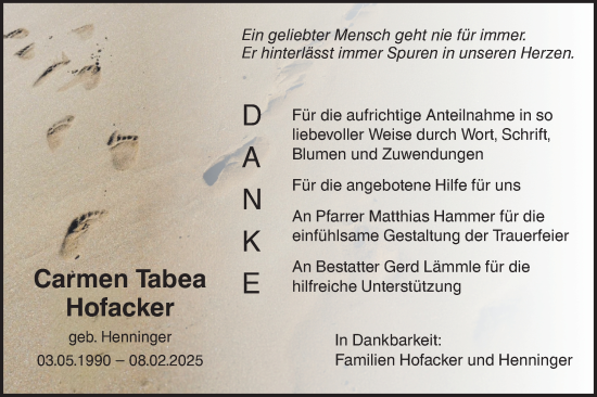 Traueranzeige von Carmen Tabea Hofacker von Hohenloher Tagblatt