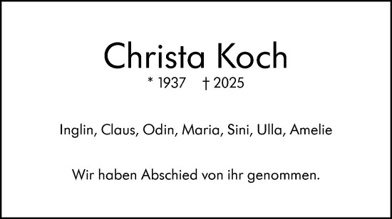 Traueranzeige von Christa Koch von SÜDWEST PRESSE Ausgabe Ulm/Neu-Ulm