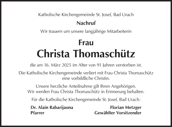 Traueranzeige von Christa Thomaschütz von Alb-Bote/Metzinger-Uracher Volksblatt