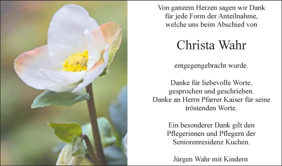 Traueranzeige von Christa Wahr von Geislinger Zeitung