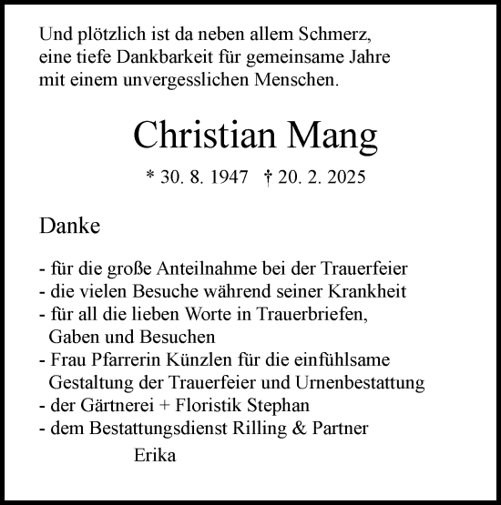 Traueranzeige von Christian Mang von Schwäbische Tagblatt