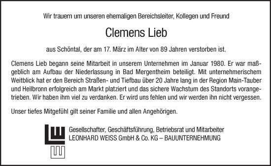 Traueranzeige von Clemens Lieb von Hohenloher Tagblatt