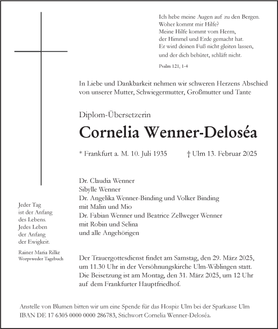 Traueranzeige von Cornelia Wenner-Deloséa von SÜDWEST PRESSE Ausgabe Ulm/Neu-Ulm