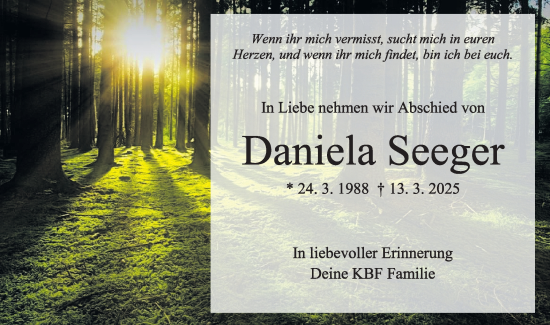 Traueranzeige von Daniela Seeger von SÜDWEST PRESSE Zollernalbkreis/Hohenzollerische Zeitung