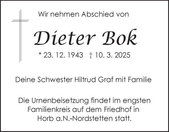 Traueranzeige von Dieter Bok von Neckar-Chronik