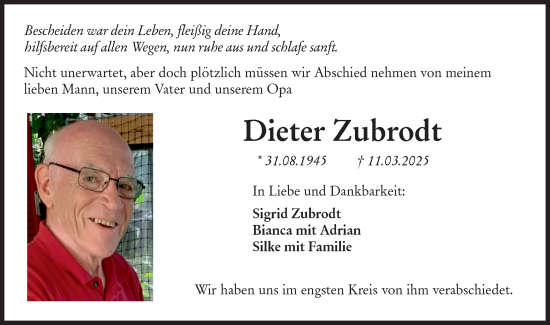 Traueranzeige von Dieter Zubrodt von Hohenloher Tagblatt