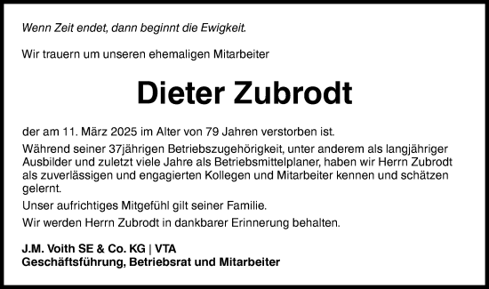 Traueranzeige von Dieter Zubrodt von Hohenloher Tagblatt