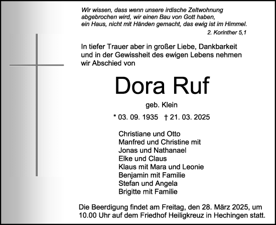 Traueranzeige von Dora Ruf von SÜDWEST PRESSE Zollernalbkreis/Hohenzollerische Zeitung