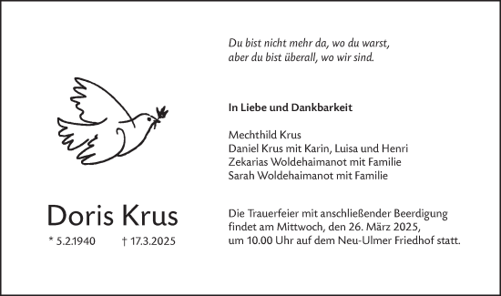 Traueranzeige von Doris Krus von SÜDWEST PRESSE Ausgabe Ulm/Neu-Ulm/Neu-Ulmer Zeitung