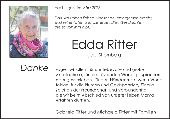 Traueranzeige von Edda Ritter von SÜDWEST PRESSE Zollernalbkreis/Hohenzollerische Zeitung