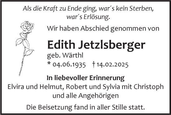 Traueranzeige von Edith Jetzlsberger von SÜDWEST PRESSE Ausgabe Ulm/Neu-Ulm