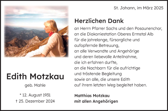 Traueranzeige von Edith Motzkau von Alb-Bote/Metzinger-Uracher Volksblatt