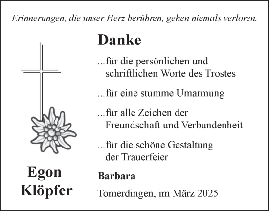 Traueranzeige von Egon Klöpfer von SÜDWEST PRESSE Ausgabe Ulm/Neu-Ulm