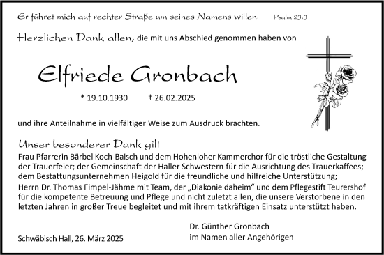 Traueranzeige von Elfriede Gronbach von Haller Tagblatt