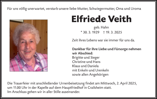 Traueranzeige von Elfriede Veith von Hohenloher Tagblatt