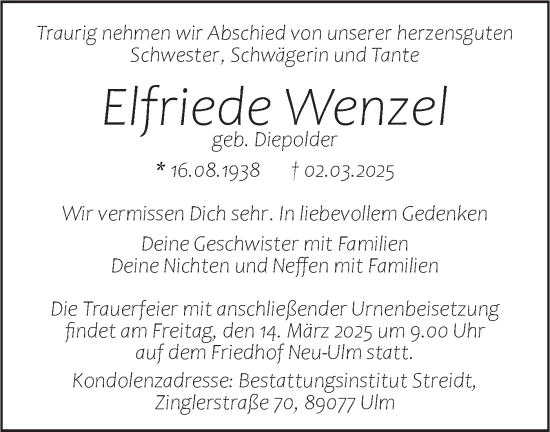 Traueranzeige von Elfriede Wenzel von SÜDWEST PRESSE Ausgabe Ulm/Neu-Ulm/Neu-Ulmer Zeitung