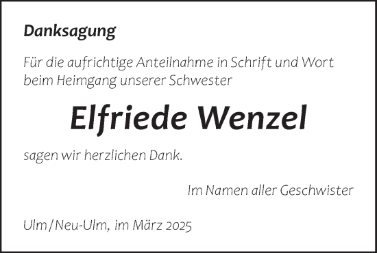 Traueranzeige von Elfriede Wenzel von SÜDWEST PRESSE Ausgabe Ulm/Neu-Ulm/Neu-Ulmer Zeitung