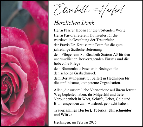 Traueranzeige von Elisabeth Herfort von SÜDWEST PRESSE Zollernalbkreis/Hohenzollerische Zeitung