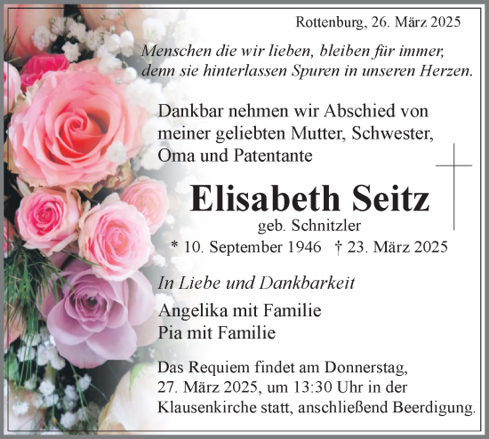 Traueranzeige von Elisabeth Seitz von Schwäbische Tagblatt