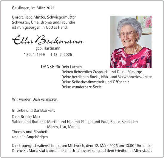 Traueranzeige von Ella Beckmann von Geislinger Zeitung