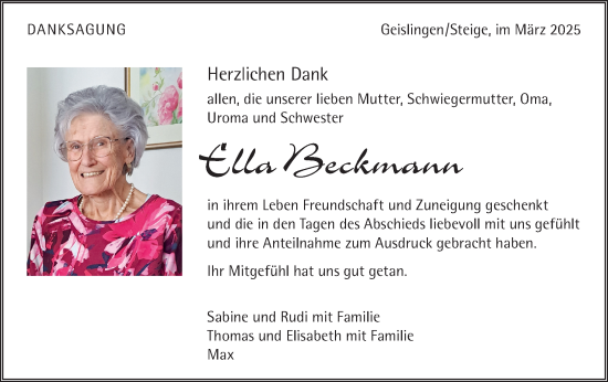 Traueranzeige von Ella Beckmann von Geislinger Zeitung