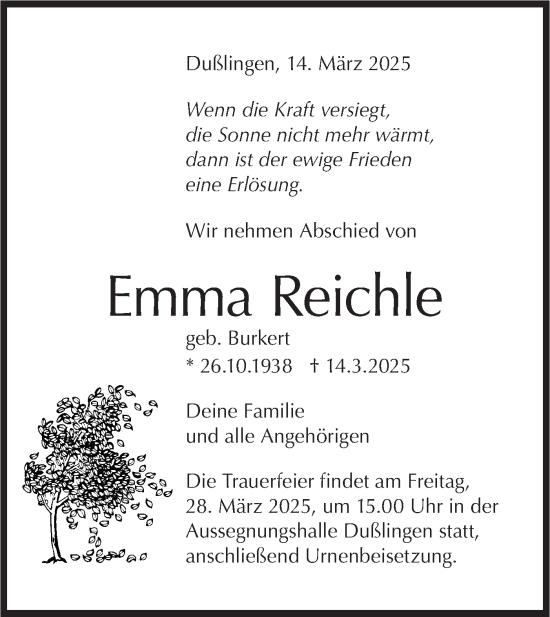 Traueranzeige von Emma Reichle von Schwäbische Tagblatt