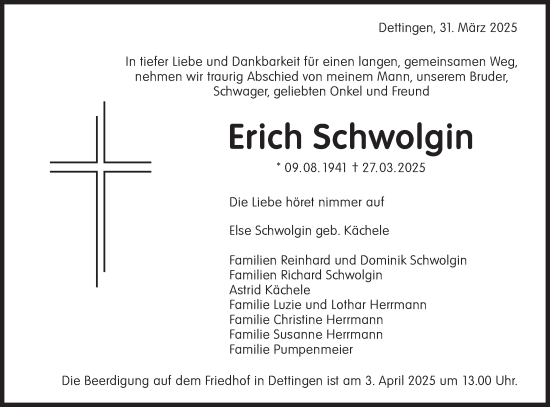 Traueranzeige von Erich Schwolgin von Alb-Bote/Metzinger-Uracher Volksblatt