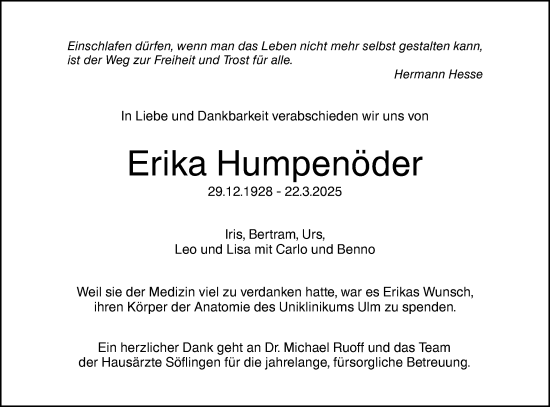 Traueranzeige von Erika Humpenöder von SÜDWEST PRESSE Ausgabe Ulm/Neu-Ulm