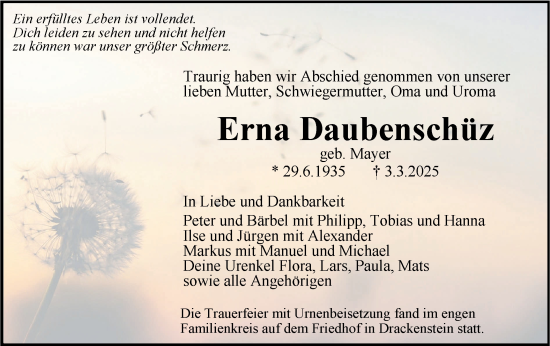 Traueranzeige von Erna Daubenschüz von Geislinger Zeitung