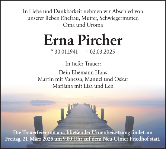 Traueranzeige von Erna Pircher von SÜDWEST PRESSE Ausgabe Ulm/Neu-Ulm