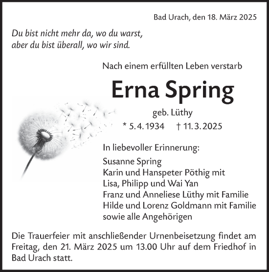 Traueranzeige von Erna Spring von Alb-Bote/Metzinger-Uracher Volksblatt